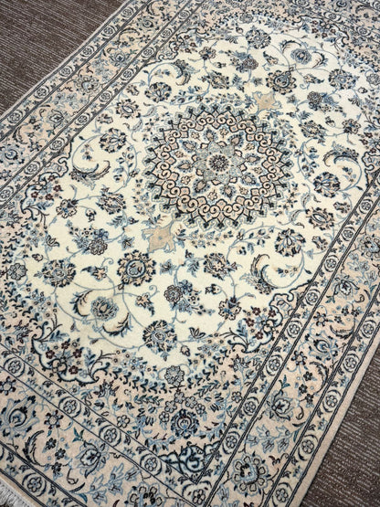 Handmade Persian Naheen Blue Floral Medallion with Cream Border | Made in Iran