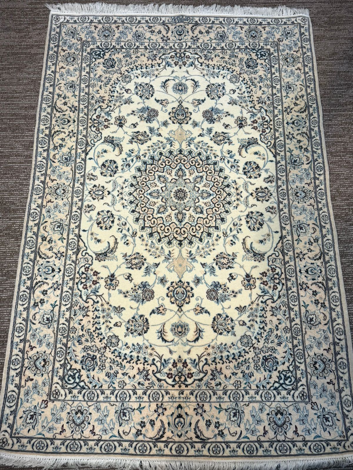 Handmade Persian Naheen Blue Floral Medallion with Cream Border | Made in Iran