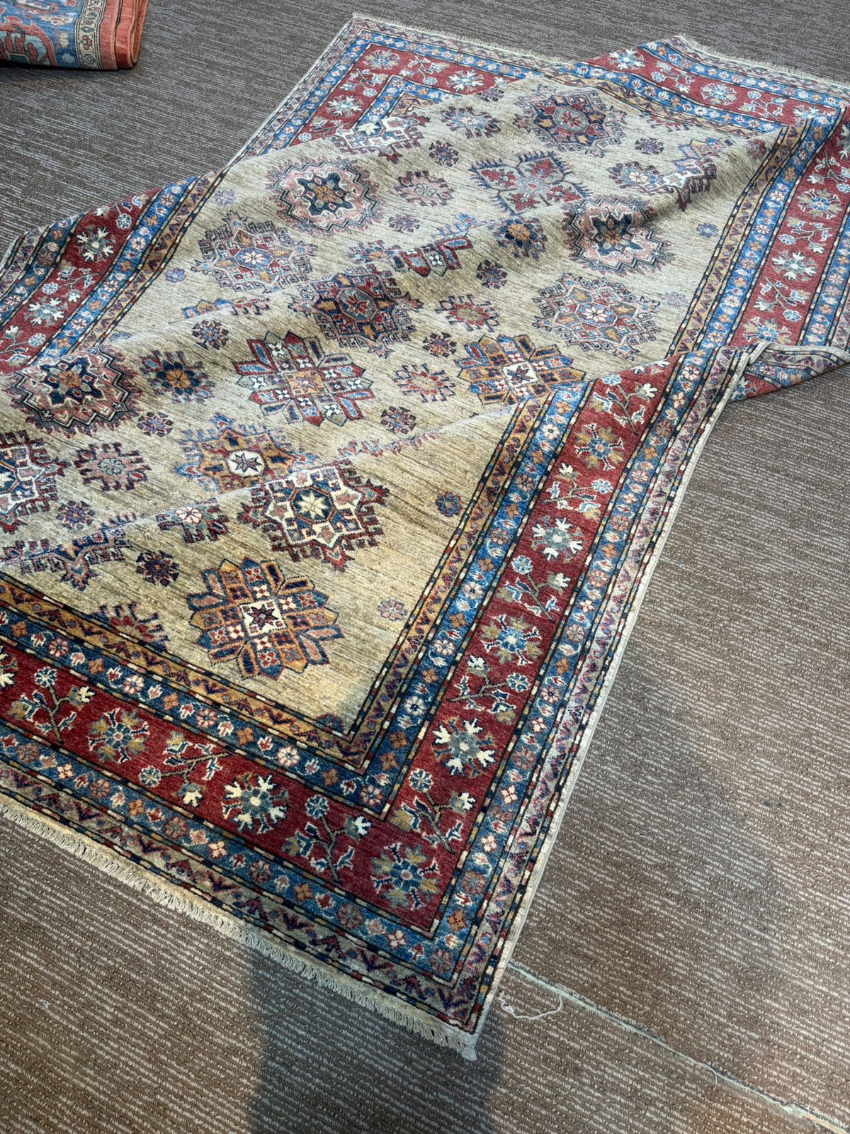 Handmade Afghan Kazak Rug 6×8 ft – Traditional Wool Carpet in Brown & Red