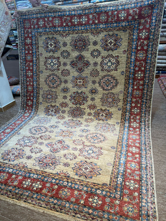 Handmade Afghan Kazak Rug 6×8 ft – Traditional Wool Carpet in Brown & Red