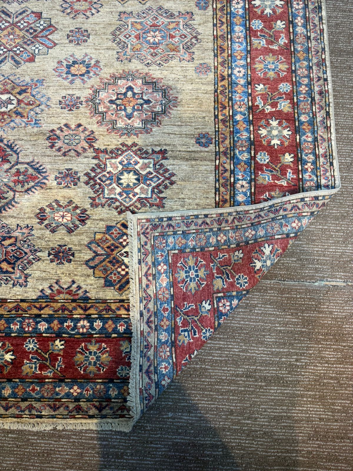 Handmade Afghan Kazak Rug 6×8 ft – Traditional Wool Carpet in Brown & Red