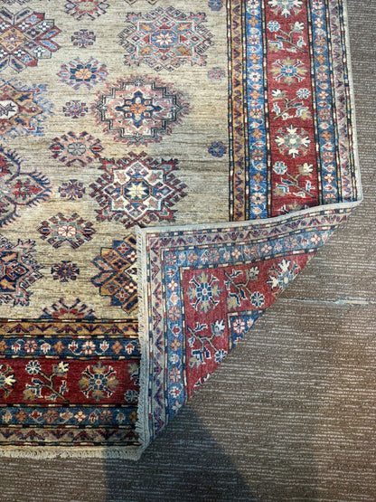 Handmade Afghan Kazak Rug 6×8 ft – Traditional Wool Carpet in Brown & Red