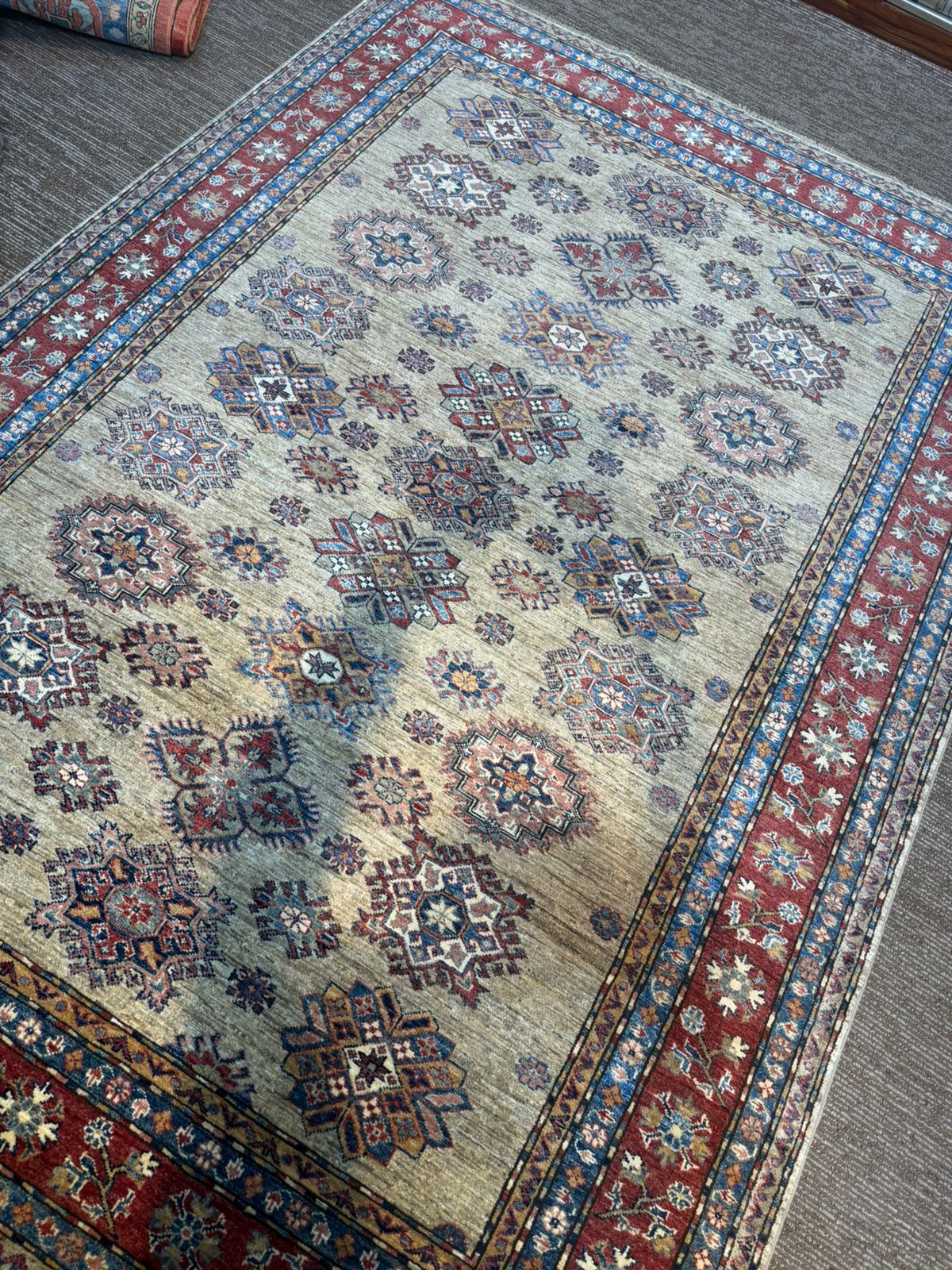 Handmade Afghan Kazak Rug 6×8 ft – Traditional Wool Carpet in Brown & Red