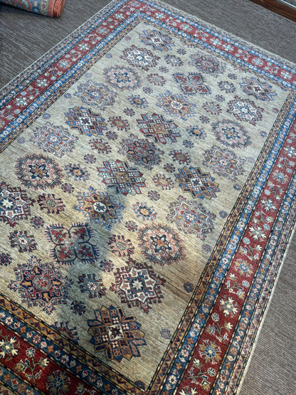 Handmade Afghan Kazak Rug 6×8 ft – Traditional Wool Carpet in Brown & Red