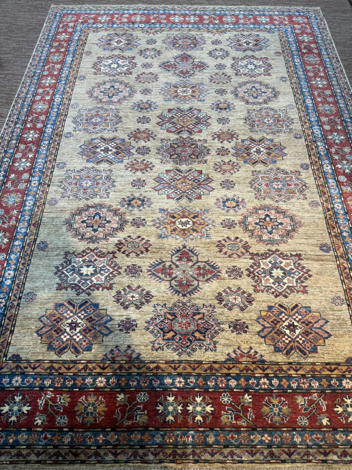 Handmade Afghan Kazak Rug 6×8 ft – Traditional Wool Carpet in Brown & Red