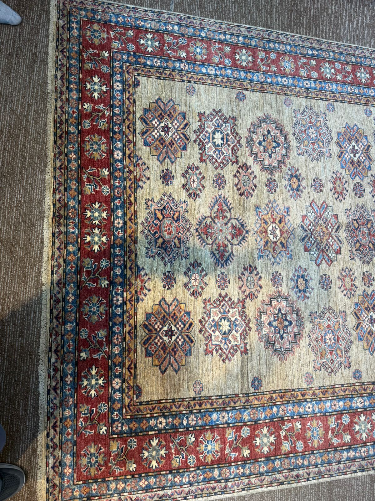 Handmade Afghan Kazak Rug 6×8 ft – Traditional Wool Carpet in Brown & Red