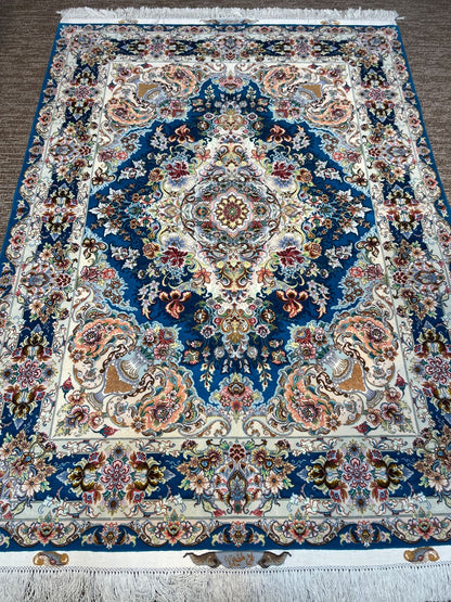Handmade Persian Tabriz Carpet 5x7 ft – Blue & White Silk-Wool Luxury Rug