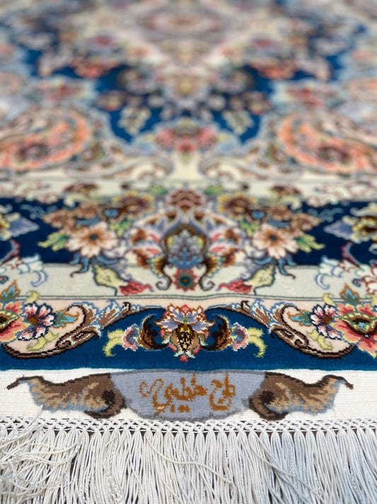 Handmade Persian Tabriz Carpet 5x7 ft – Blue & White Silk-Wool Luxury Rug