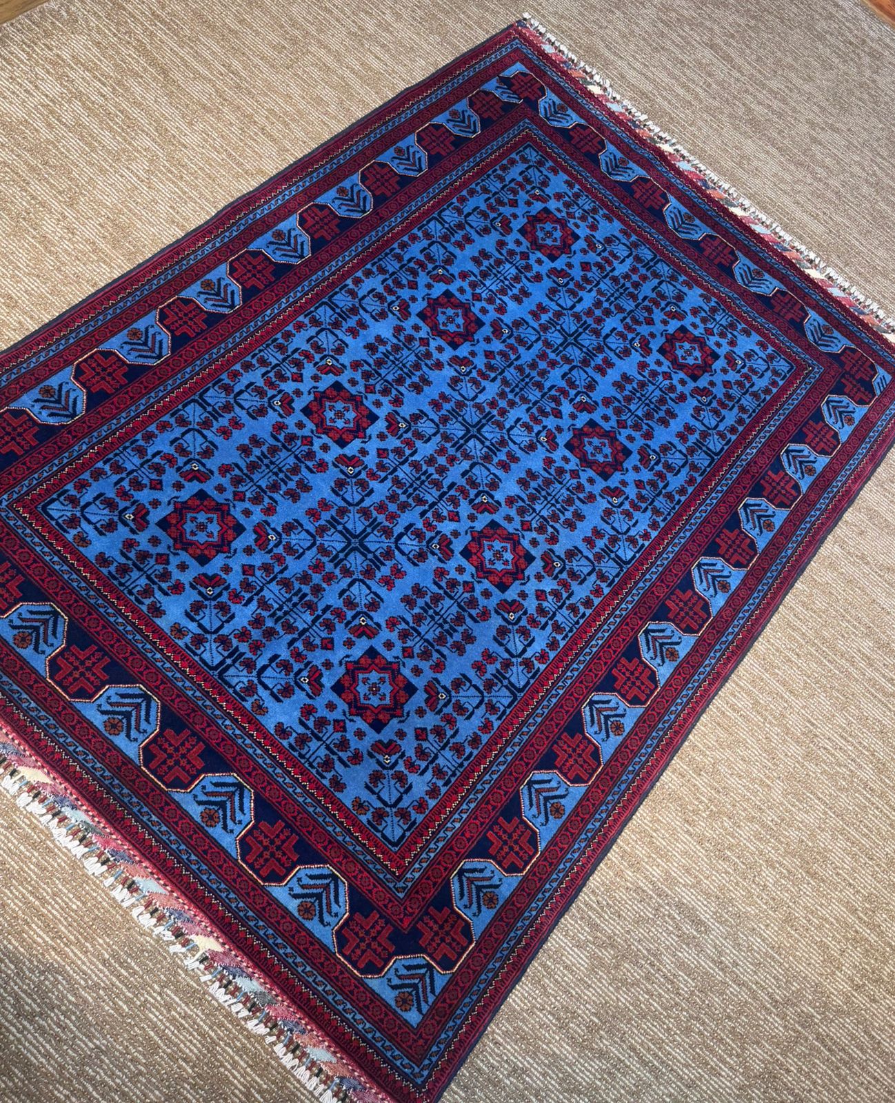 Handmade Afghan Khan Muhammadi Kamyab Rug - Pure Wool in Deep Red