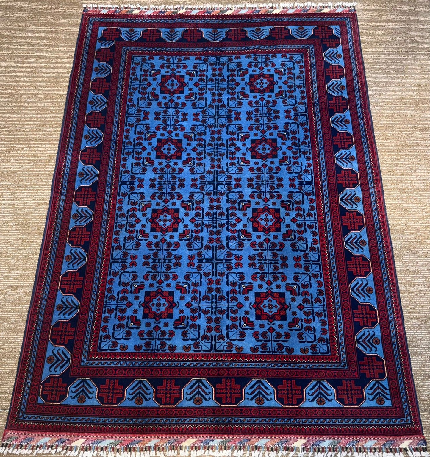 Handmade Afghan Khan Muhammadi Kamyab Rug - Pure Wool in Deep Red