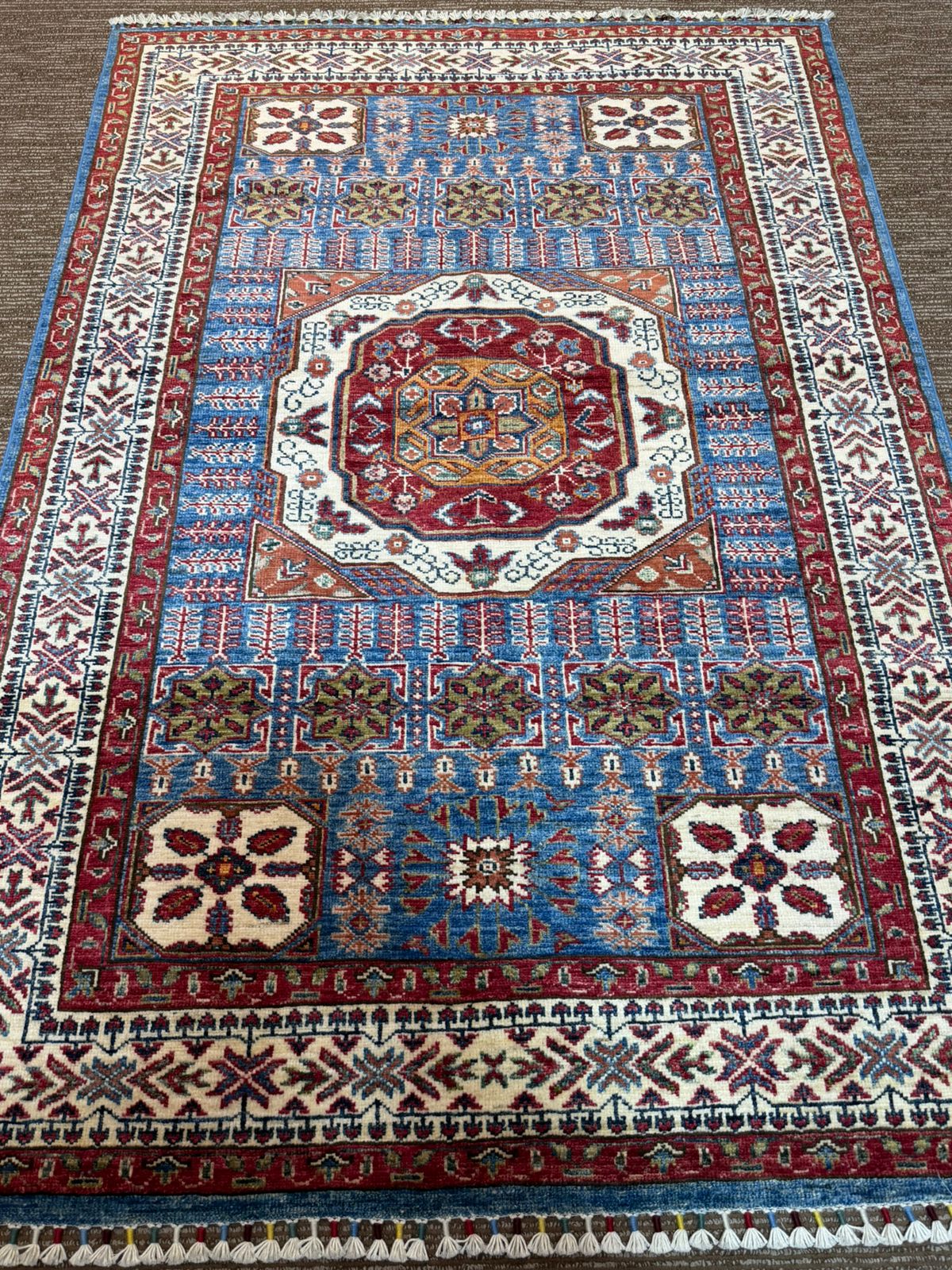 Authentic Afghan Handwoven Rug 5×7 ft – Blue & Red Carpet