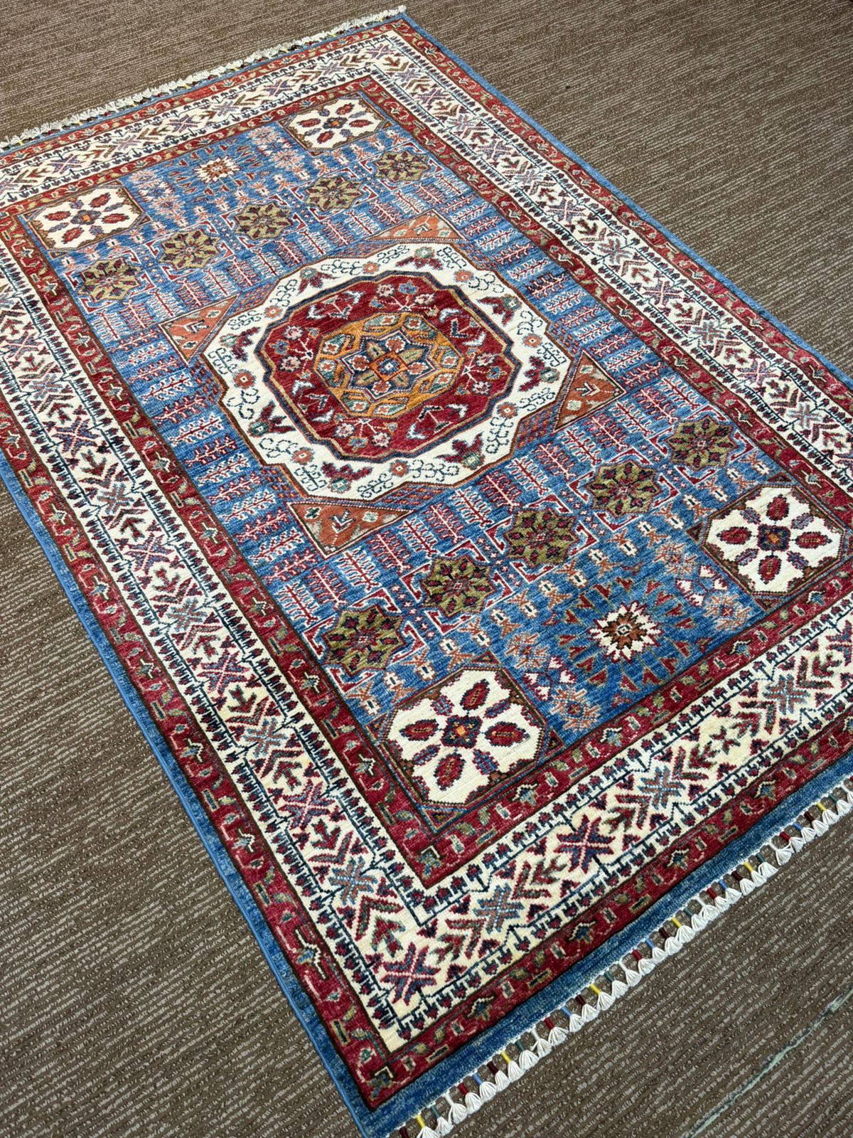 Authentic Afghan Handwoven Rug 5×7 ft – Blue & Red Carpet