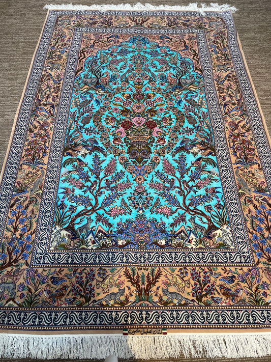 Isfahan Handmade Persian Carpet 5x7 ft – Blue & White Silk and Wool Luxury Rug