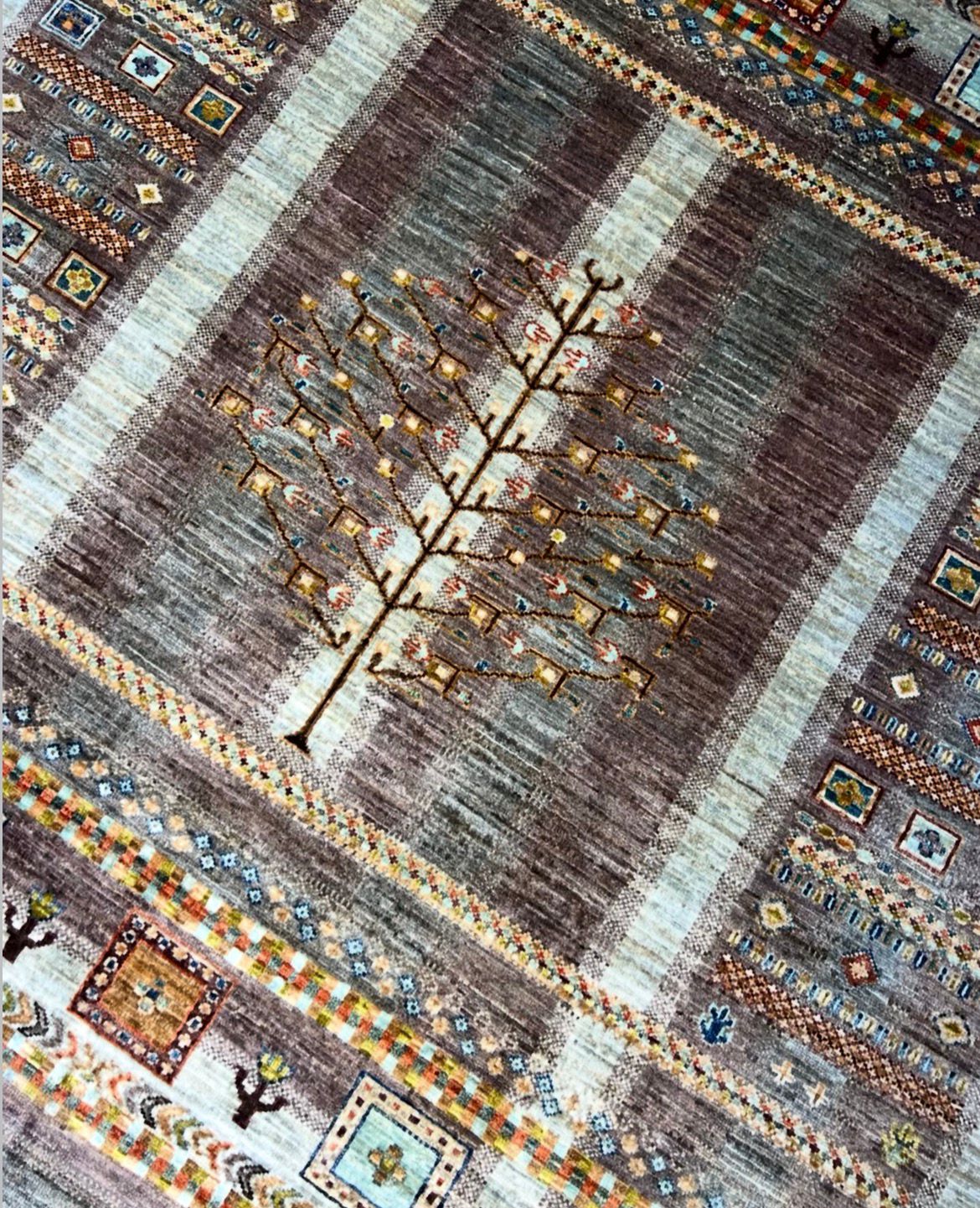 Handmade Afghan Tree of Life Carpet – 5x7 FT Grey & Multicolor Premium Wool/Silk Rug