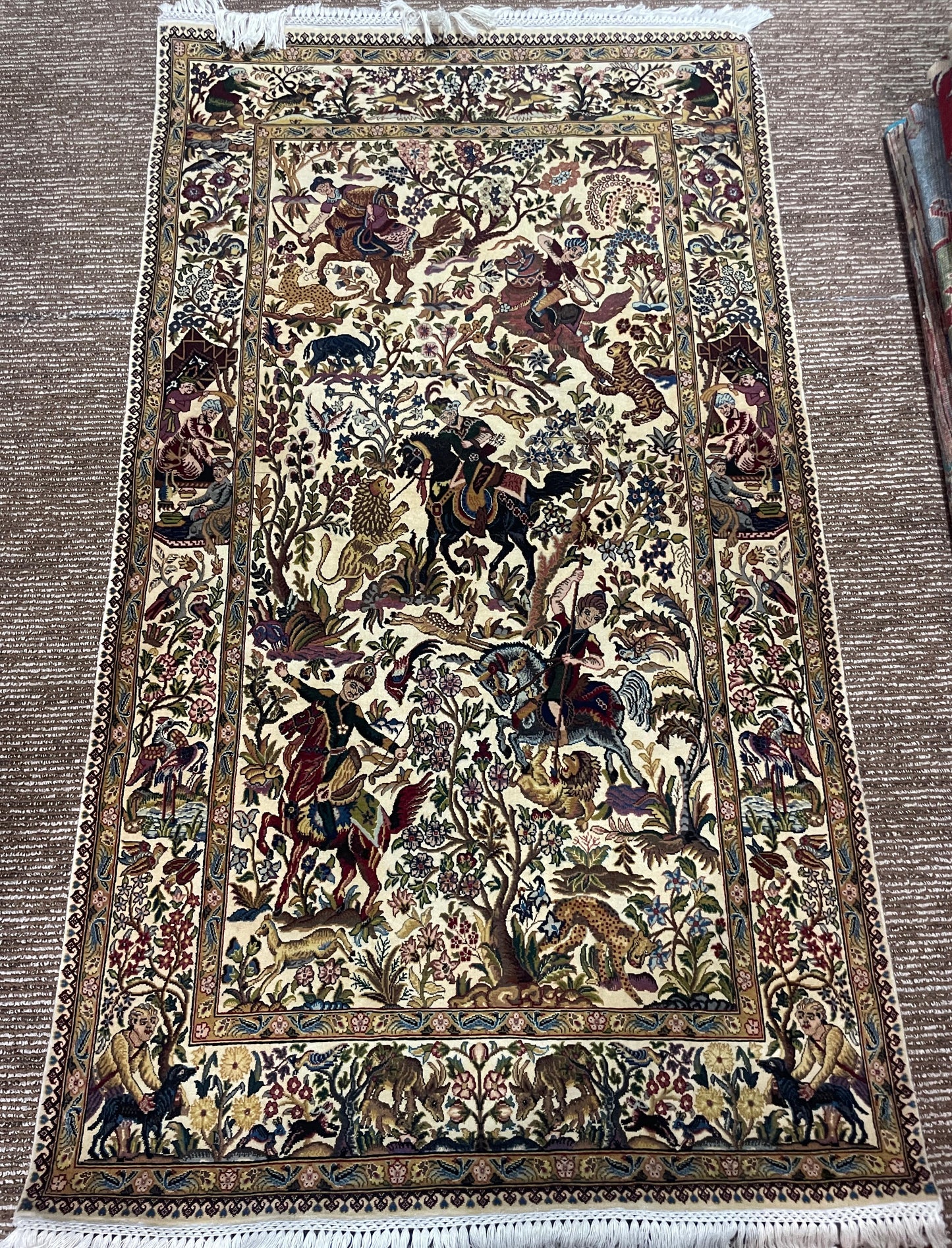 Handmade Pakistani Carpet 3x5 ft – Golden Horse & Tree Design Decorative Rug