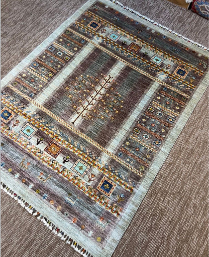 Handmade Afghan Tree of Life Carpet – 5x7 FT Grey & Multicolor Premium Wool/Silk Rug