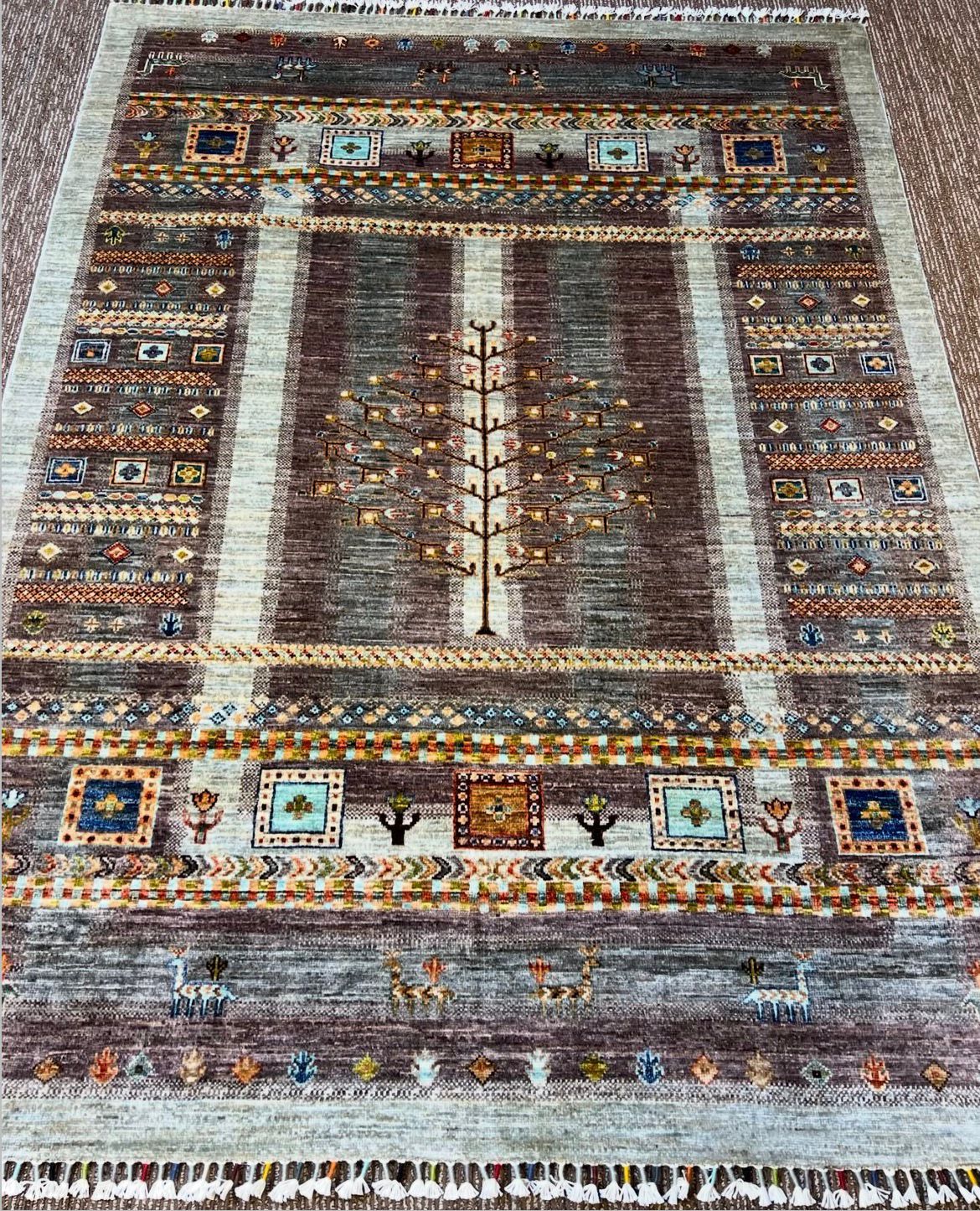 Handmade Afghan Tree of Life Carpet – 5x7 FT Grey & Multicolor Premium Wool/Silk Rug