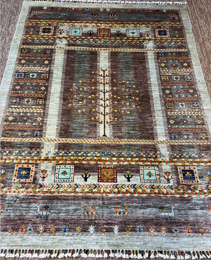 Handmade Afghan Tree of Life Carpet – 5x7 FT Grey & Multicolor Premium Wool/Silk Rug