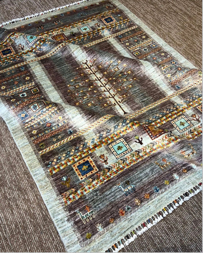 Handmade Afghan Tree of Life Carpet – 5x7 FT Grey & Multicolor Premium Wool/Silk Rug