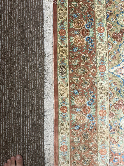 Handmade Persian Qom Carpet – Wool Rug with Floral Medallion & Elegant Borders